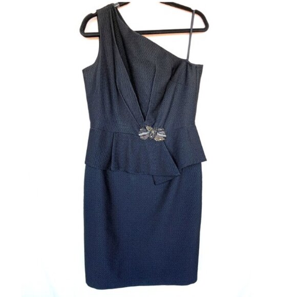 David Meister Cinched Waist Peplum Dress One Shoulder Pencil Skirt Glam - Picture 1 of 14